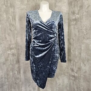 Lulus L Galiana Blue‎ Grey Velvet Long Sleeve Wrap Mini Dress Cocktail Event